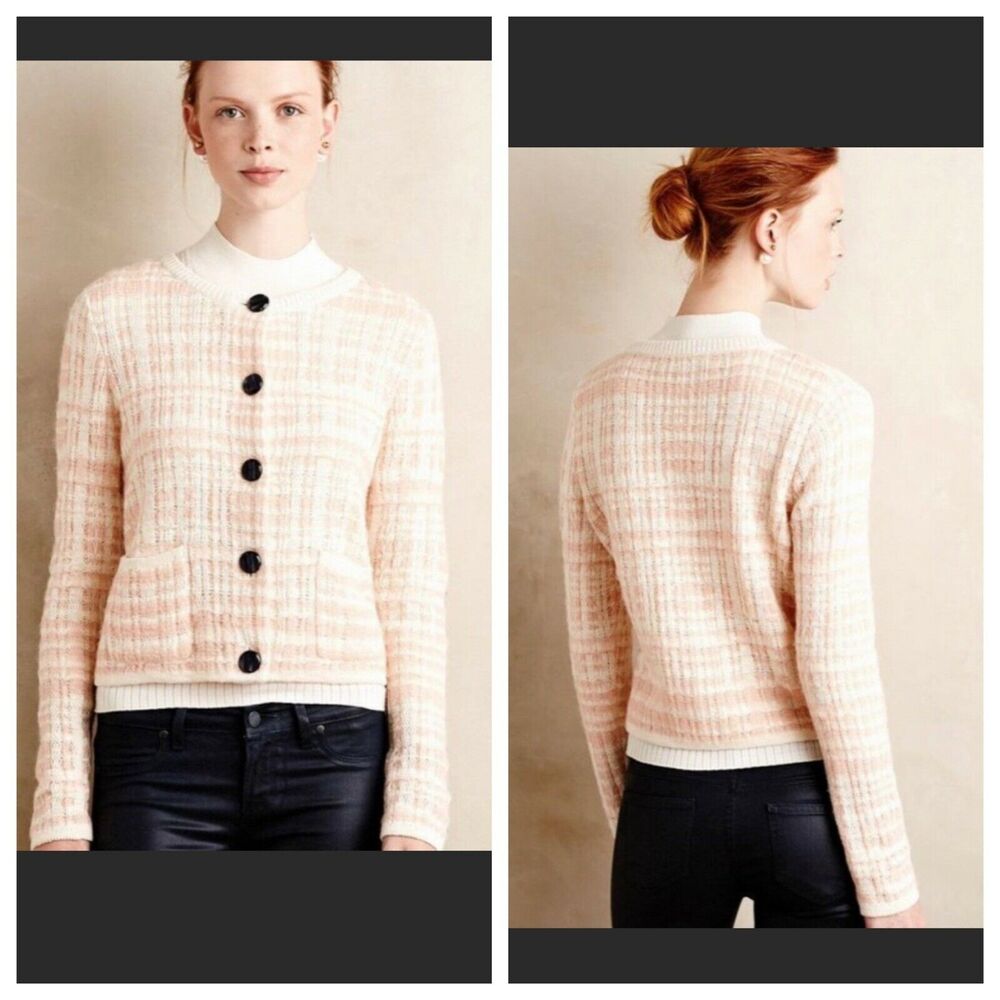 Knitted & Knotted Sweater XS‎ Cardigan Pink/Cream Plaid Cotton/Wool/Alpaca Blend
